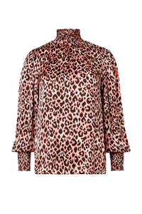 Mixed Neutral with Black Small Shadow Leopard High Neck Shirred Blouse
