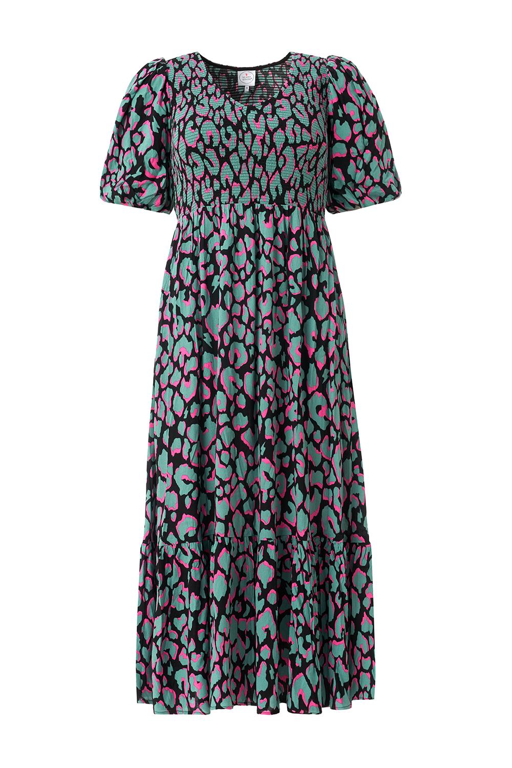 Khaki with Pink and Black Mega Leopard Shirred Puff Sleeve Midi Dress Scamp & Dude