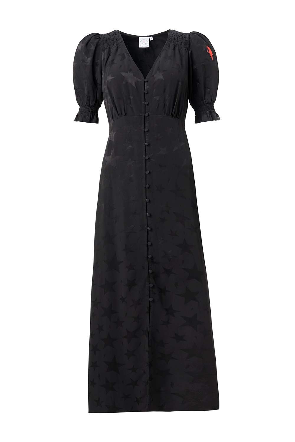 Scamp and Dude Black Jacquard Star Flute Sleeve Midi Tea Dress | Product image of Black Jacquard Star Flute Sleeve Midi Tea Dress on white background