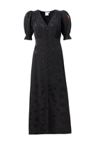 Scamp and Dude Black Jacquard Star Flute Sleeve Midi Tea Dress | Product image of Black Jacquard Star Flute Sleeve Midi Tea Dress on white background