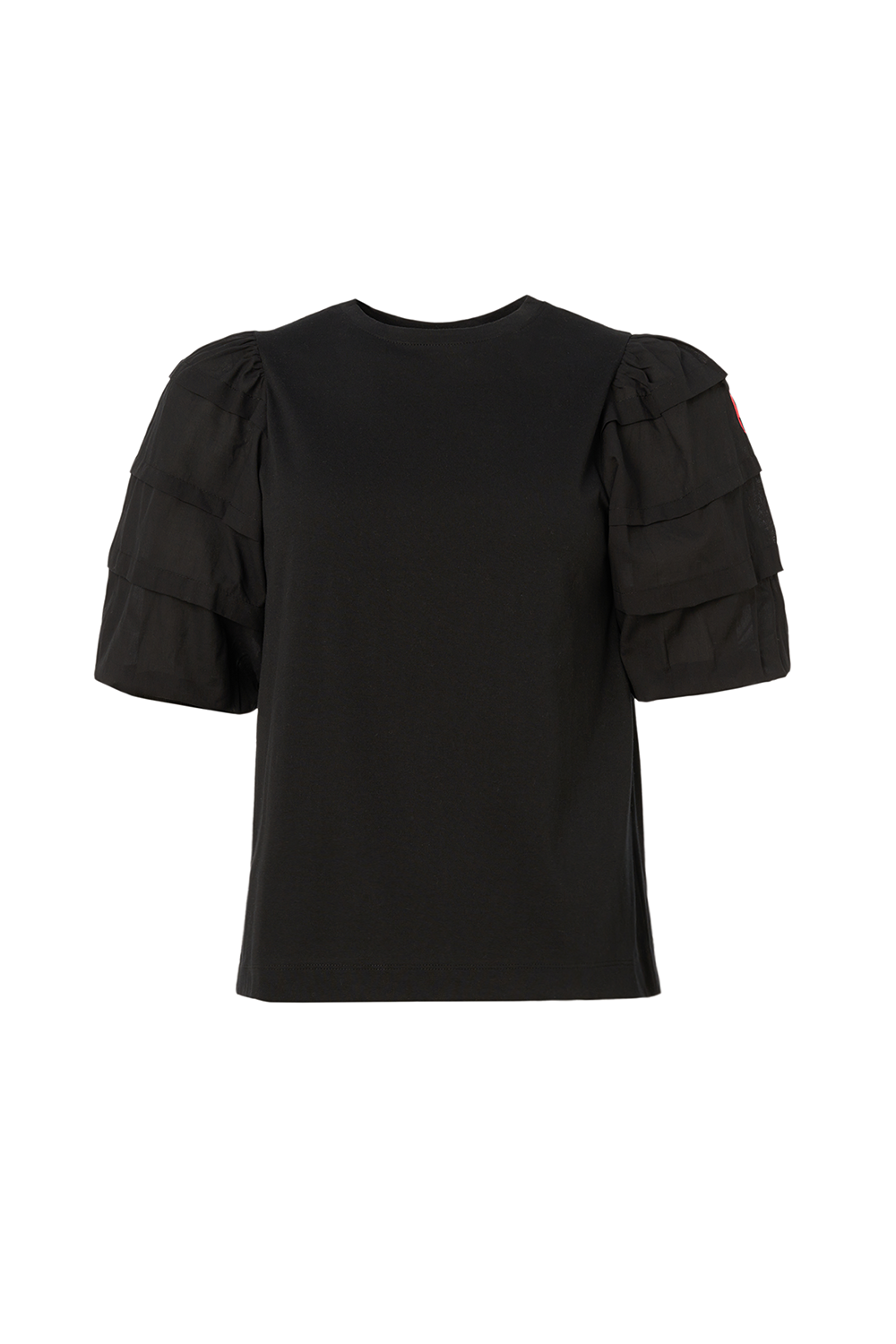 A plain black T-shirt with pintuck detailing on the sleeves