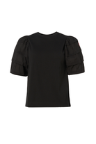 A plain black T-shirt with pintuck detailing on the sleeves