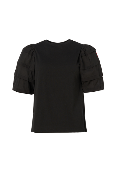 A plain black T-shirt with pintuck detailing on the sleeves 