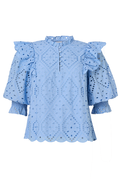 Scamp and Dude Blue Broderie Anglaise Frill Sleeve Blouse | Product image of blue frilly blouse on white background