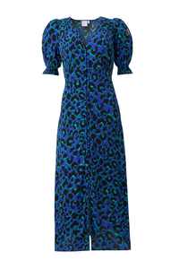 Blue with Green and Black Shadow Leopard Flute Sleeve Midi Tea Dress
