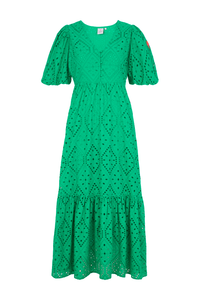 A green broderie Anglaise midi dress with a flattering V-neckline and and short puff sleeves