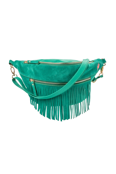 Scamp and Dude Green Fringed Bum Bag | Product image of Green Fringed Bum Bag against white background