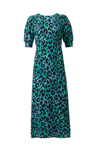 Green with Blue and Black Shadow Leopard V-Back Midi Dress