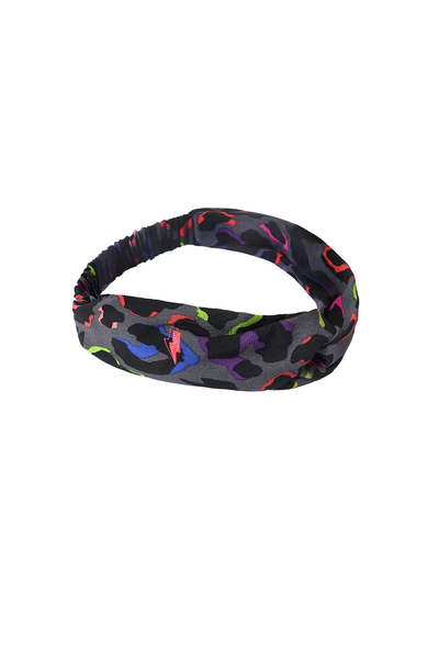Scamp and Dude Grey with Rainbow Shadow Leopard Print Headband | Product image of grey rainbow print headband on white background