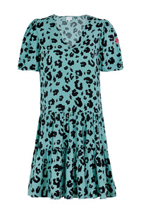 A khaki with black leopard and lightning bolt puff sleeve short dress