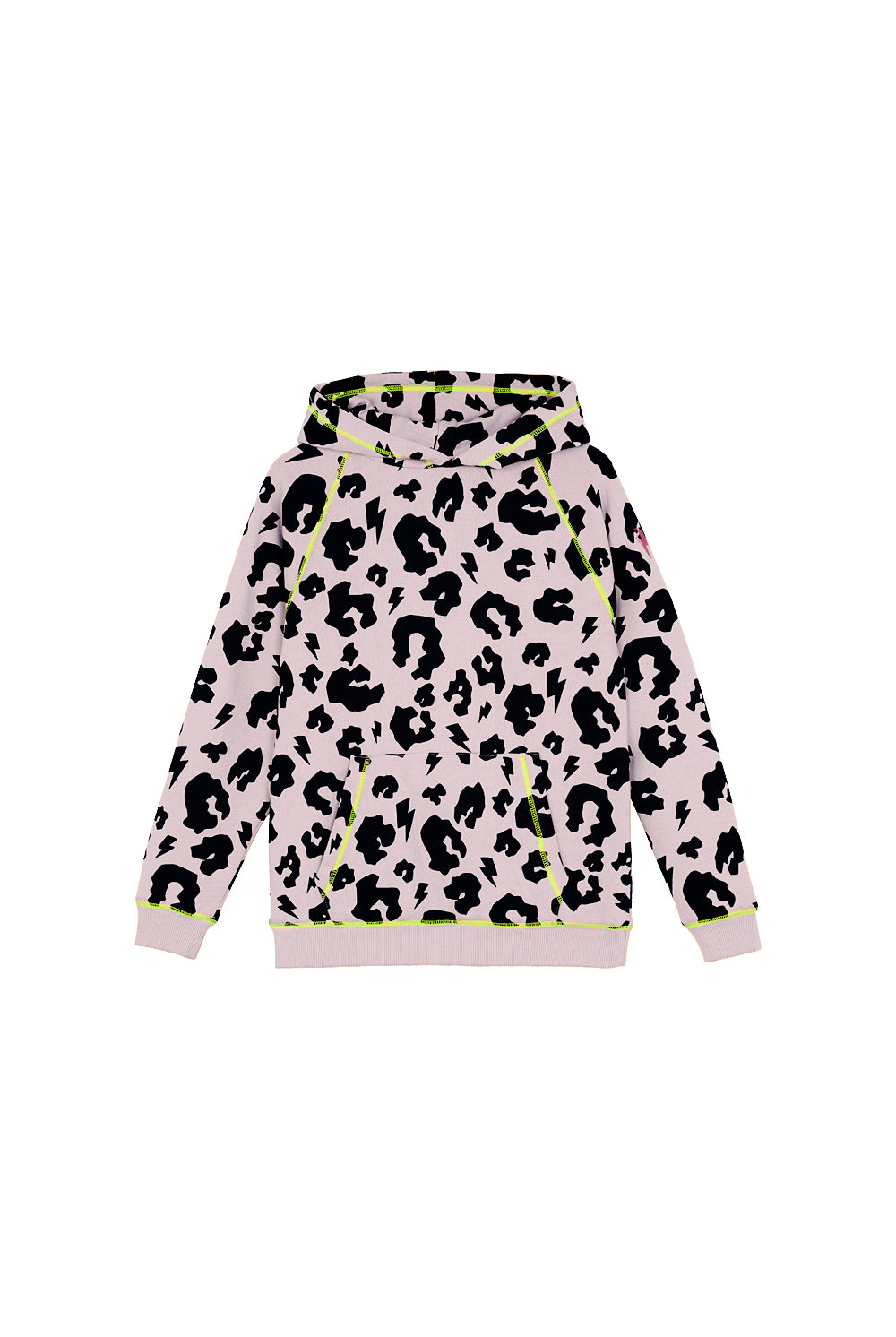 Scamp and Dude Kids Hoodie in Pale Peach with Black and Neon Yellow Leopard Print | Product image of peach hoodie with black leopard print