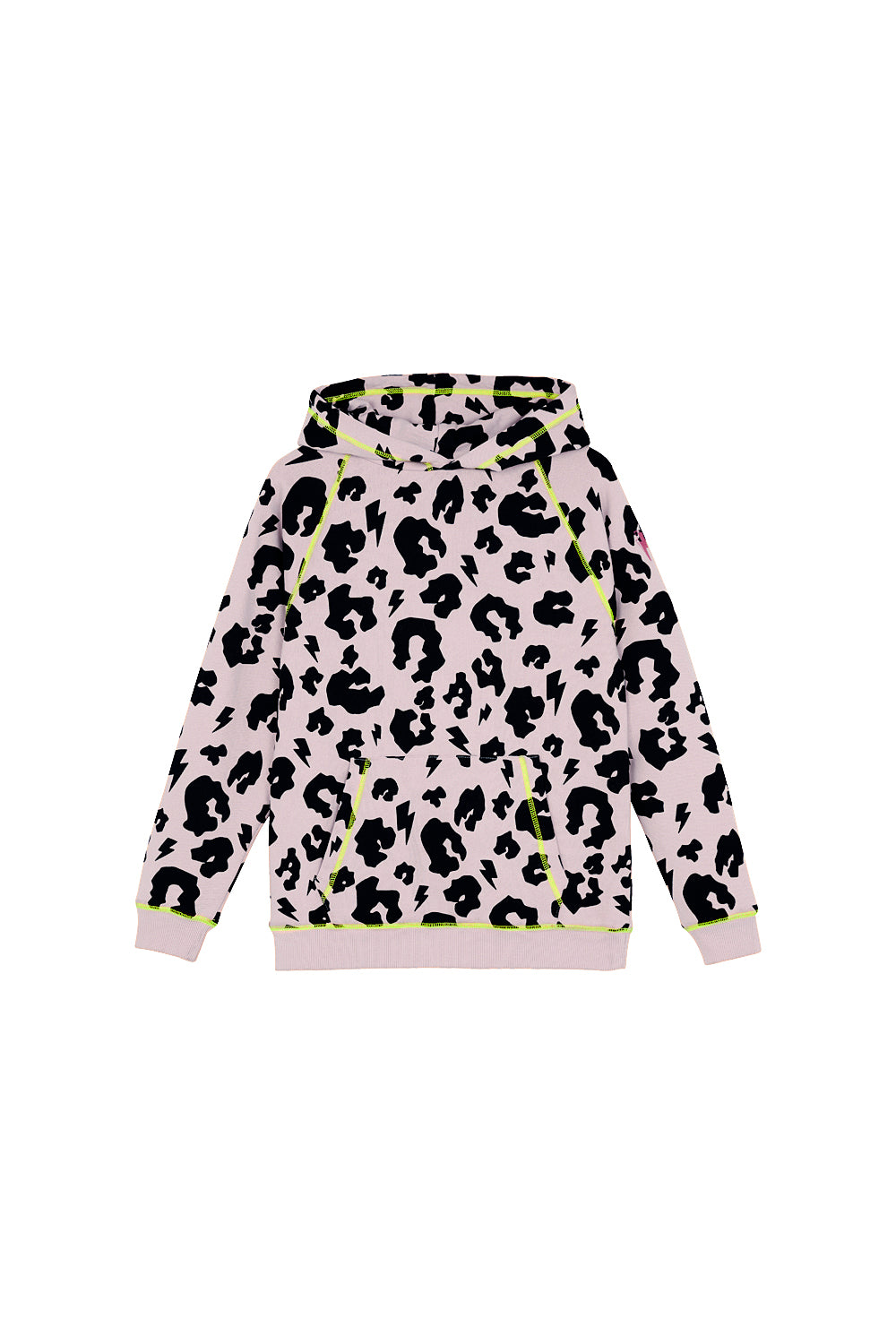 Scamp and Dude Kids Hoodie in Pale Peach with Black and Neon Yellow Leopard Print | Product image of peach hoodie with black leopard print