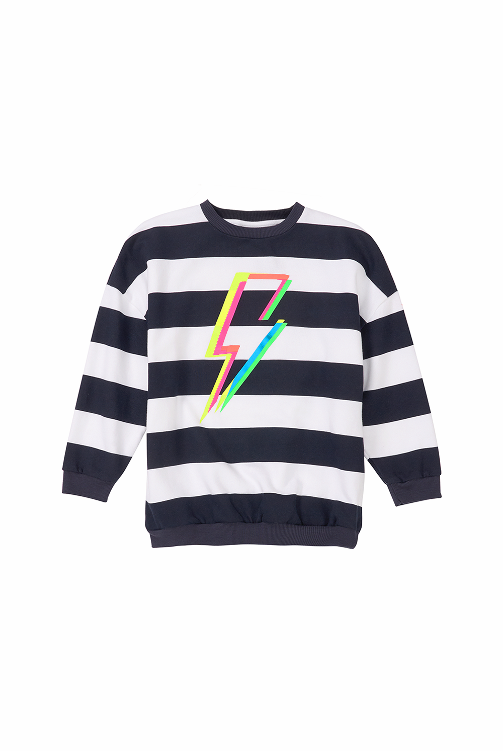 A navy with white stripe oversized sweatshirt with a multi-coloured neon lightning bolt on the front
