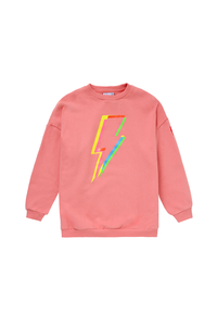 Scamp and Dude Kids Oversized Coral Sweatshirt with Rainbow Lightning Bolt | Product image of coral sweatshirt with rainbow lightning bolt