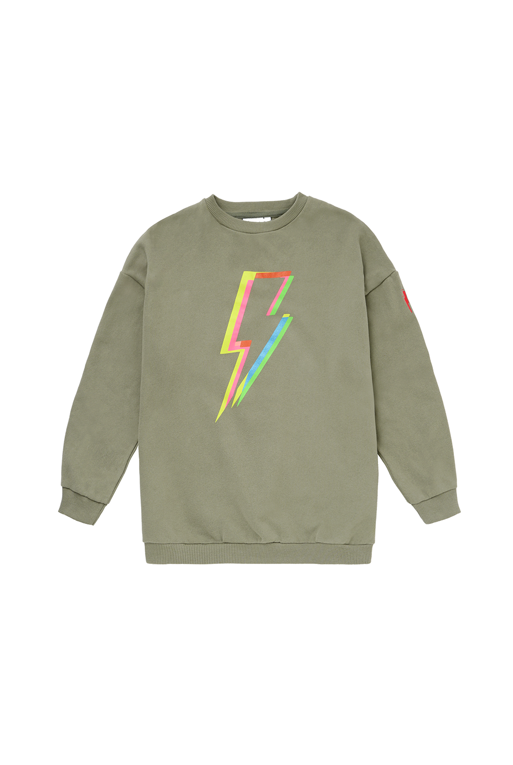 Scamp and Dude Kids Oversized Green Sweatshirt with Rainbow Lightning Bolt Print | Product image of green sweatshirt with rainbow lightning bolt