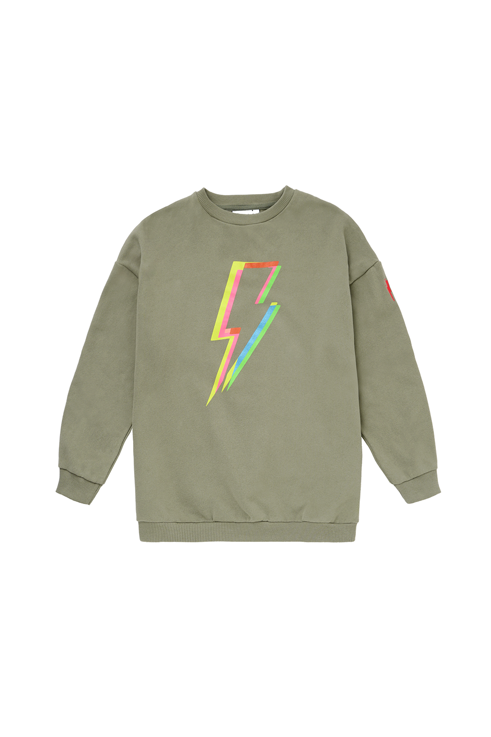 Scamp and Dude Kids Oversized Green Sweatshirt with Rainbow Lightning Bolt Print | Product image of green sweatshirt with rainbow lightning bolt