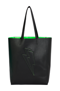 A matte black tote bag with contrast neon green lining and large lightning bolt detail 