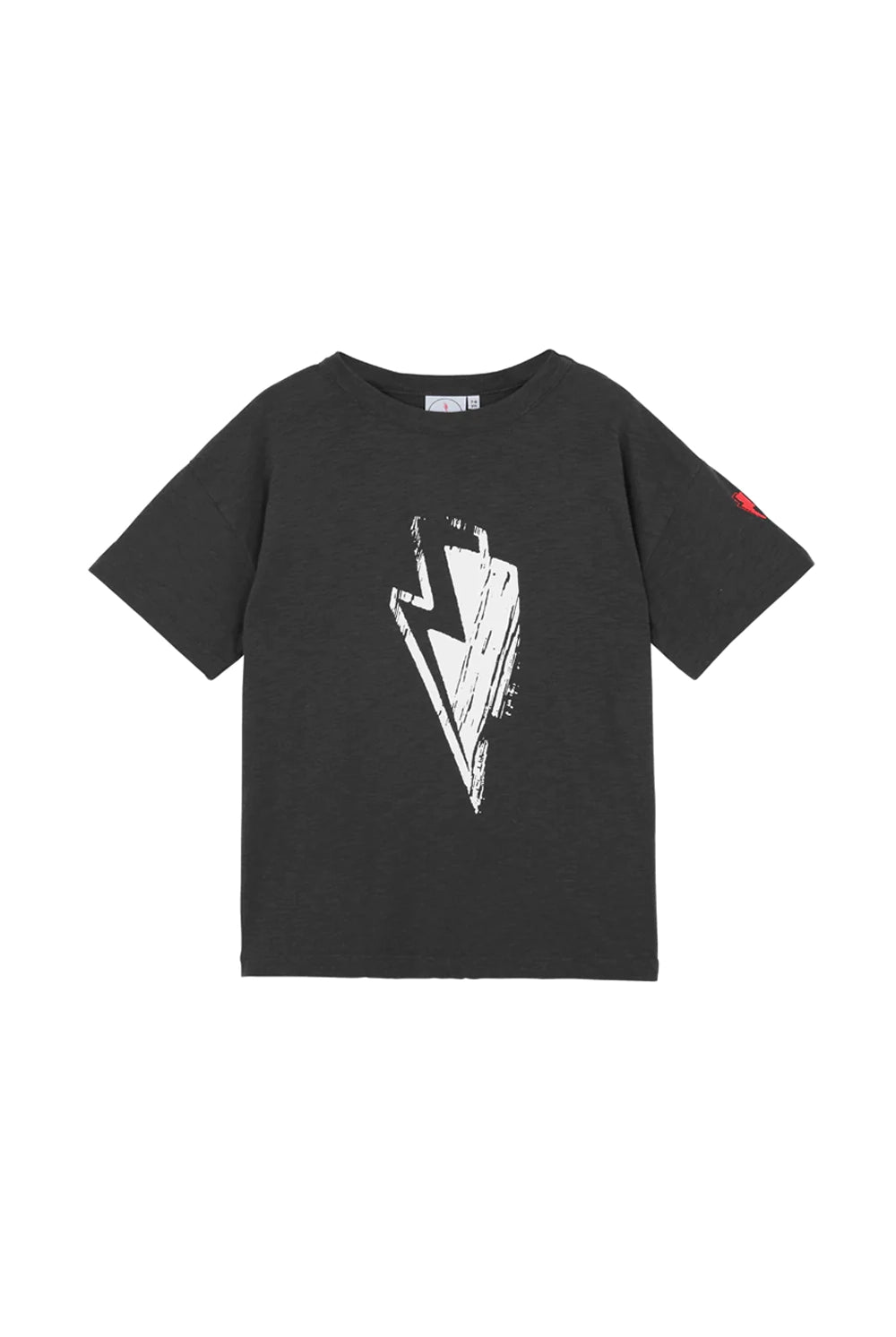 A slate grey T-shirt with a large white lightning bolt on the front
