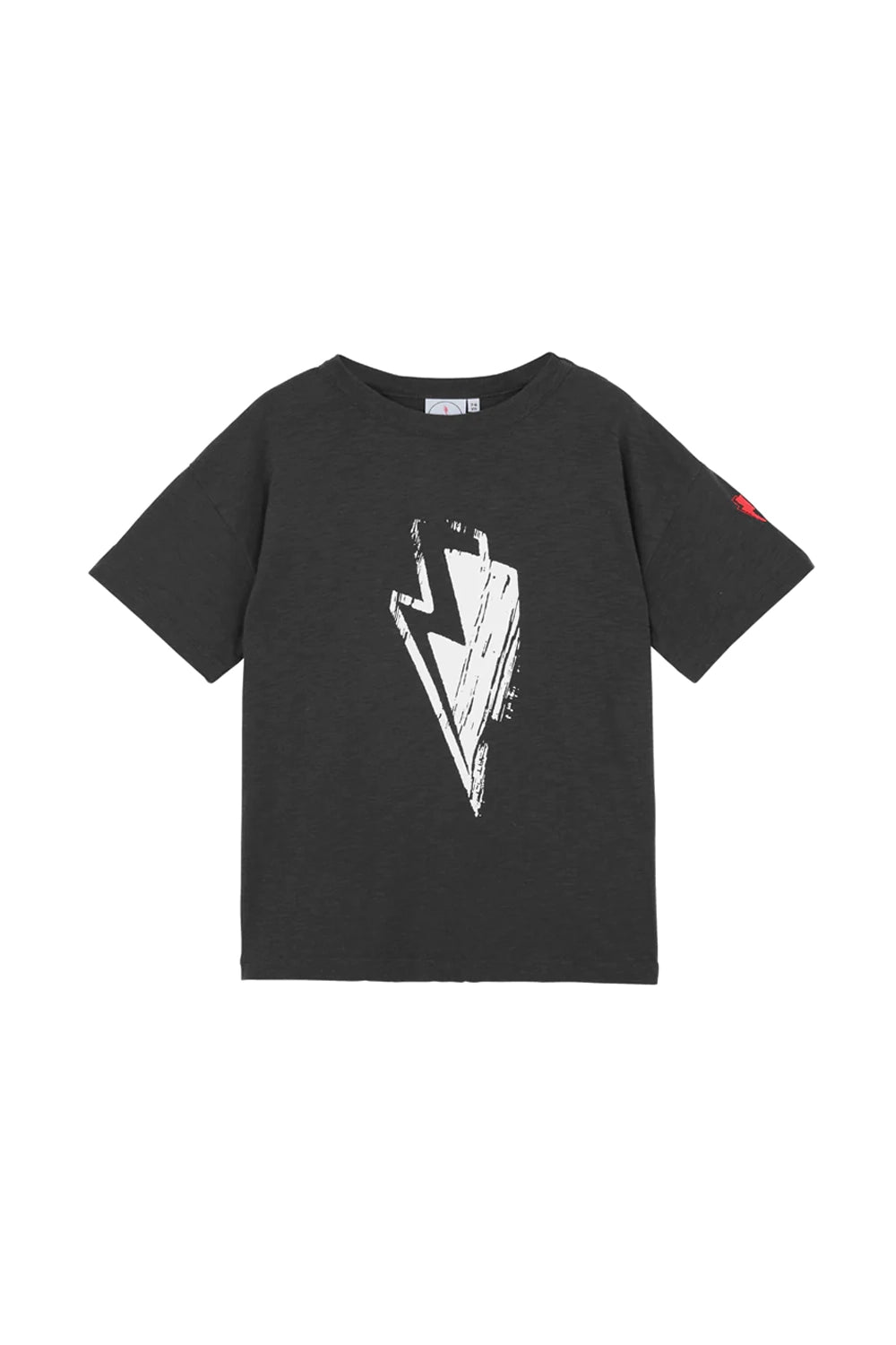 A slate grey T-shirt with a large white lightning bolt on the front