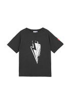 A slate grey T-shirt with a large white lightning bolt on the front