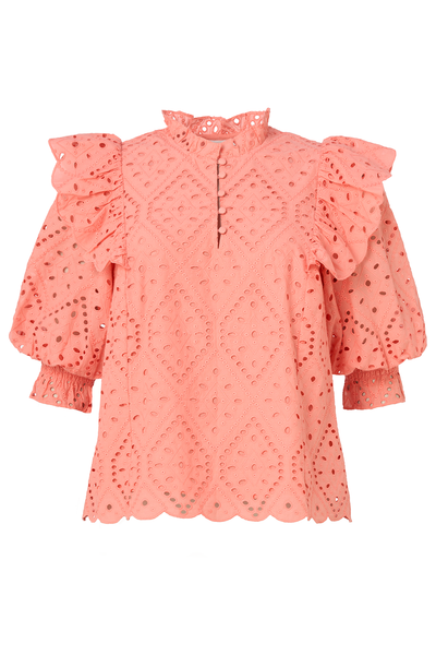 Scamp and Dude Peach Broderie Anglaise Frill Sleeve Blouse | Product impact of peach blouse on white background