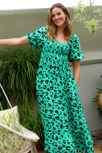 Green with Black Leopard Shirred Midi Dress