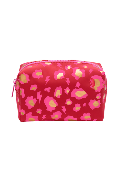 Scamp & Dude x Hannah Martin Red with Neon Pink and Gold Foil Snow Leopard Makeup Bag | Product image of red and pink leopard print cosmetic bag 