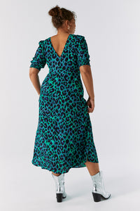 Green with Blue and Black Shadow Leopard V-Back Midi Dress
