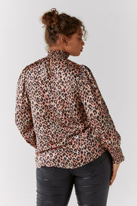 Mixed Neutral with Black Small Shadow Leopard High Neck Shirred Blouse