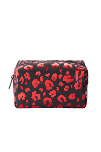 Scamp and Dude Small Make Up Bag Black With Red Foil Leopard | Product image of a black make up bag with red foil leopard print 