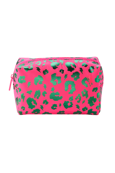 Scamp & Dude x Sam Chapman Hot Pink with Metallic Turquoise Foil Leopard Makeup Bag | Product image of pink and turquoise foil leopard print cosmetic bag 