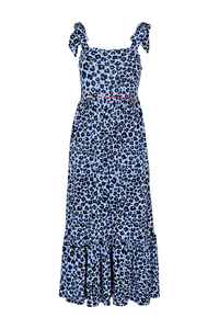 Soft Blue with Black Floral Leopard Tie Shoulder Midi Jersey Sundress