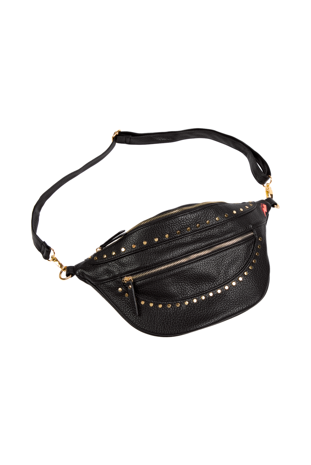 A black bum bag with intricate gold stud detailing, an adjustable strap and gold hardware
