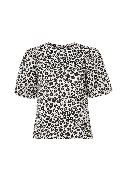 Scamp and Dude White with Black Floral Leopard Pintuck Sleeve T-Shirt | Product image of white and black leopard print t-shirt