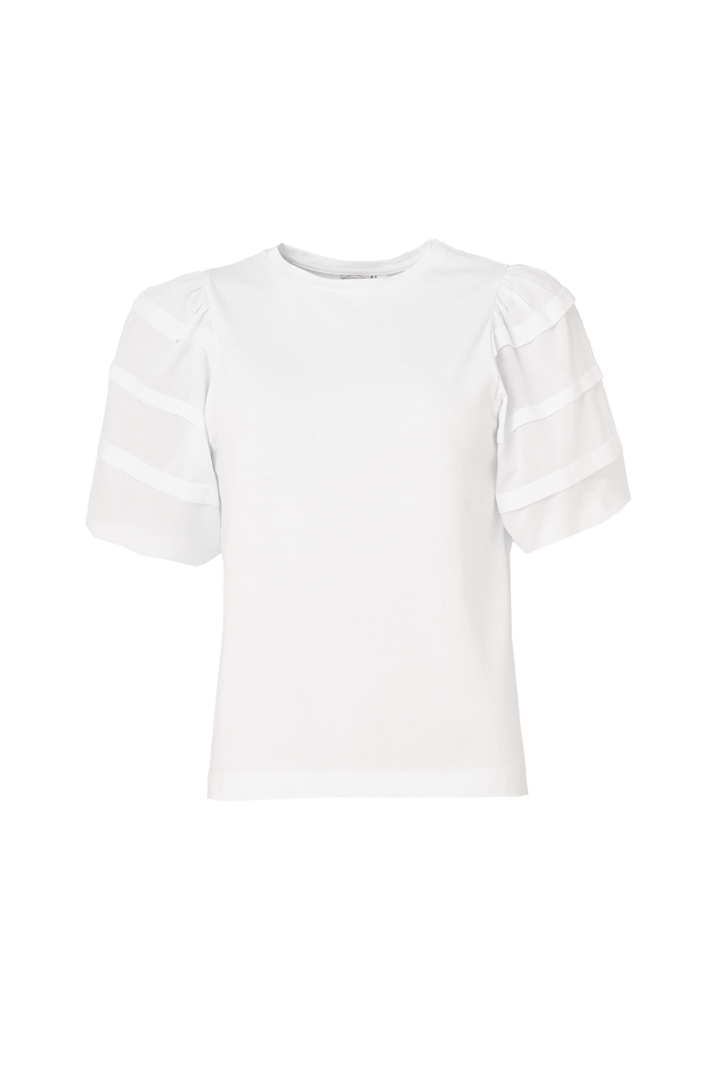 A plain white T-shirt with pintuck detailing on the sleeves