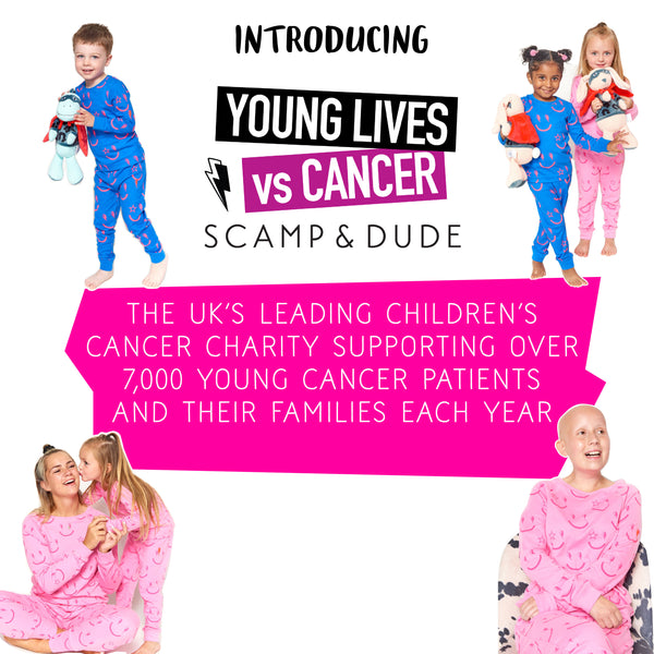 Scamp and Dude and Young Lives Vs Cancer | The pink text reads 