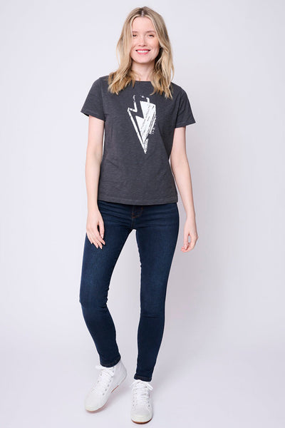 Scamp and Dude Dark Grey T-Shirt with White Lightning Bolt Graphic | Model wearing grey top with dark blue jeans with white trainers
