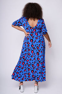 Electric Blue with Pink and Black Snow Leopard Midi Dress