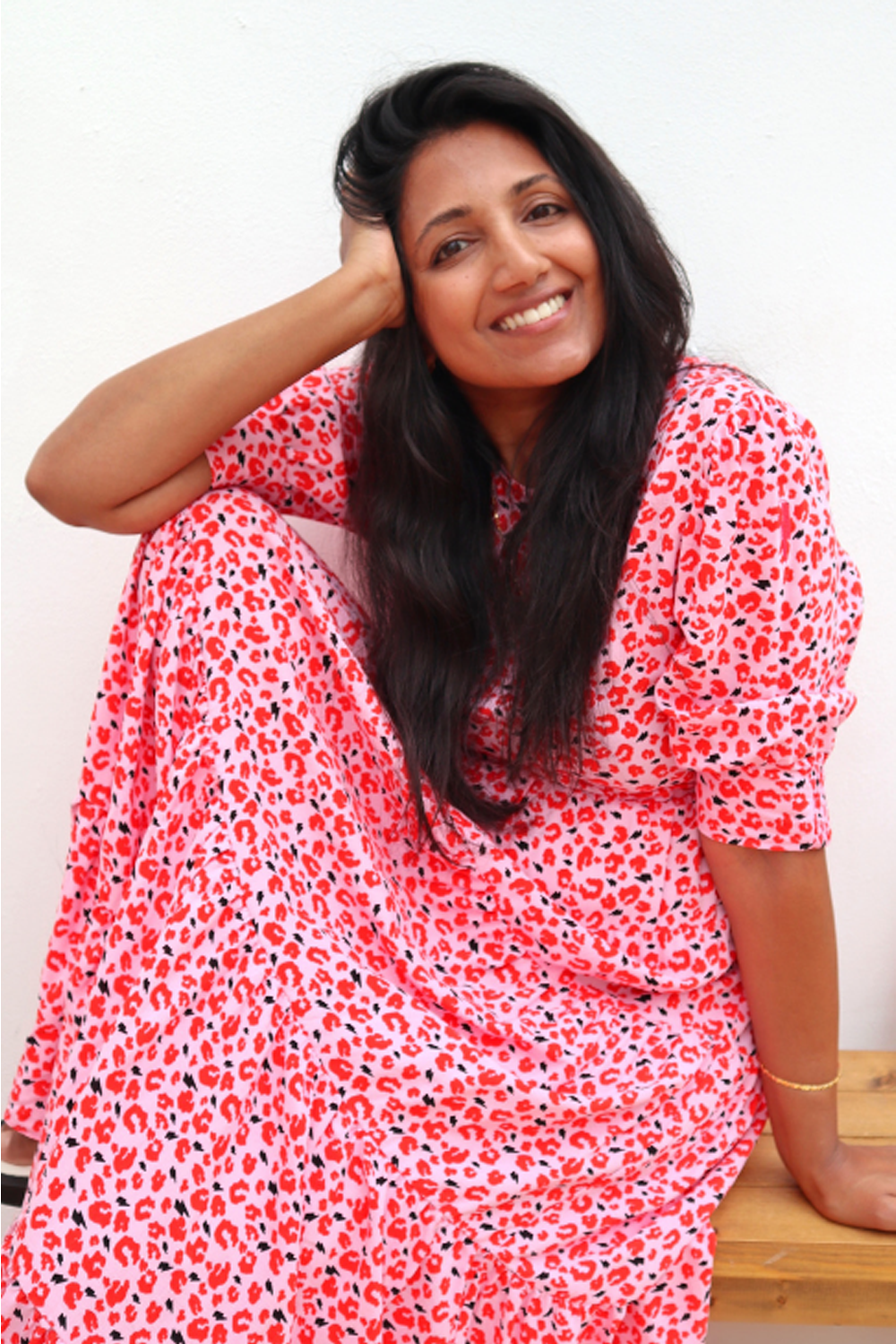 Adult Tiered Maxi Dress Pink with Red Leopard Print and Lightning