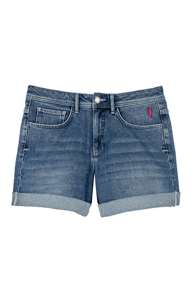Scamp and Dude Adult Mid Wash Denim Shorts | Product image of mid wash denim shorts with white background