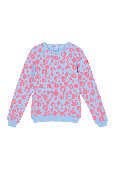 Scamp and Dude Pale Blue with Neon Coral Leopard Sweatshirt | Product image of blue and pink leopard print jumper on white background