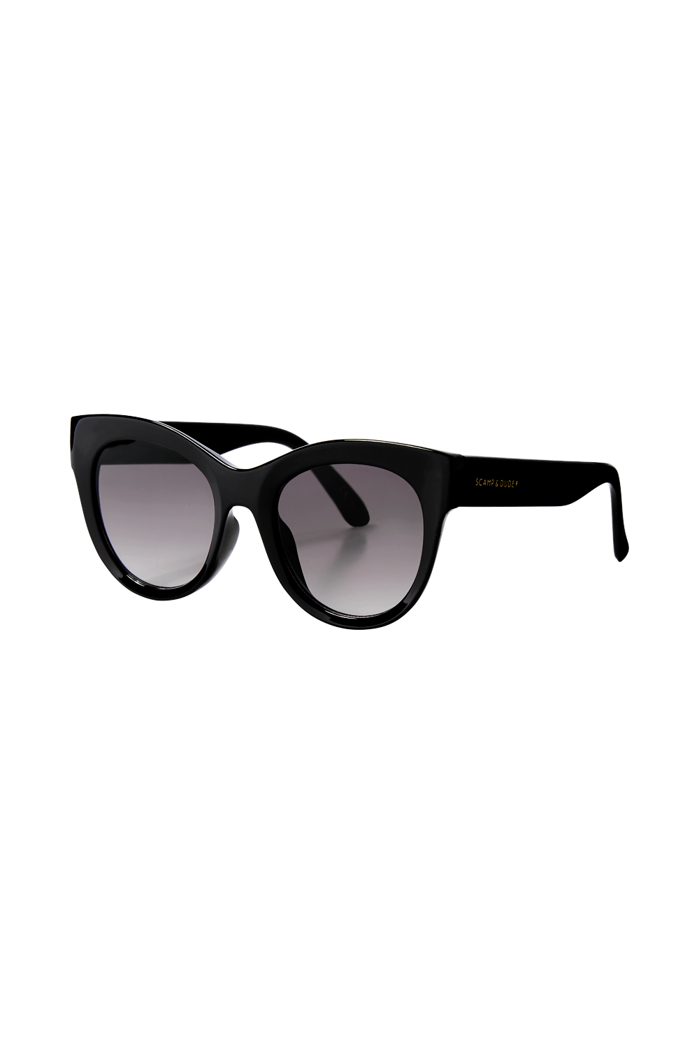 Black cat eye sunglasses with gradient smoke lenses and Scamp & Dude text and lightning bolt logo on the arms in peach