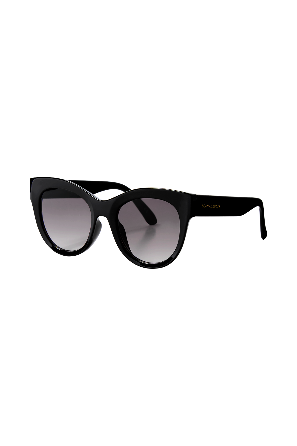 Black cat eye sunglasses with gradient smoke lenses and Scamp & Dude text and lightning bolt logo on the arms in peach