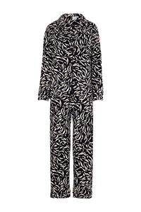 Black with off white zebra & lightning bolt print pyjamas, with long sleeve button front shirt & straight leg trousers