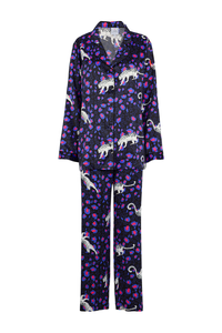 Black with Electric Blue and Pink Leopard and Star Satin Pyjamas