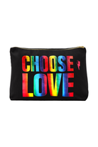 Scamp and Dude CHOOSE LOVE Black with Metallic Rainbow Foil Swag Bag | Product image of black make-up bag with rainbow foil spelling out 'Choose Love'