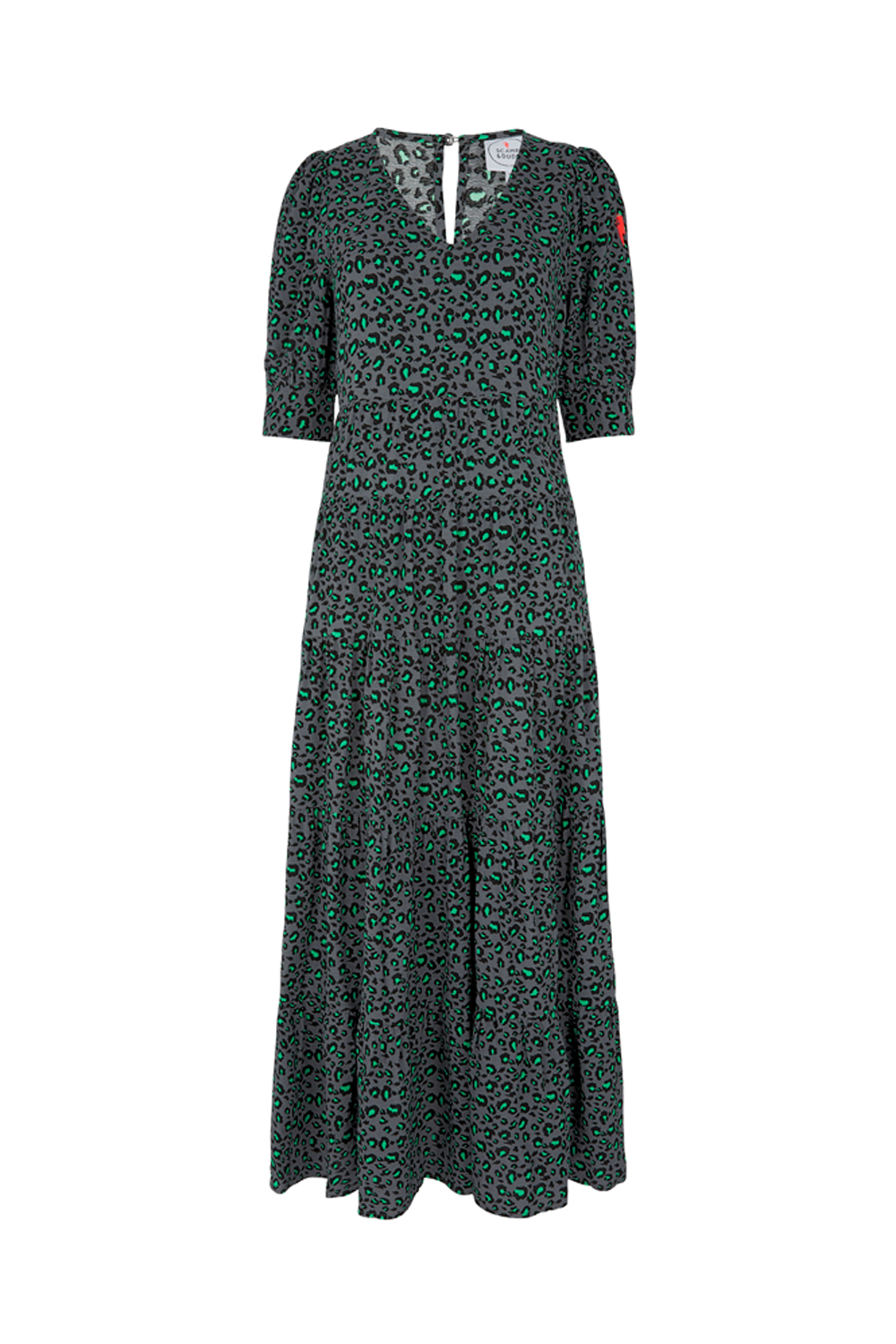 A grey with black and green snow leopard and lightning bolt print v-neck maxi dress