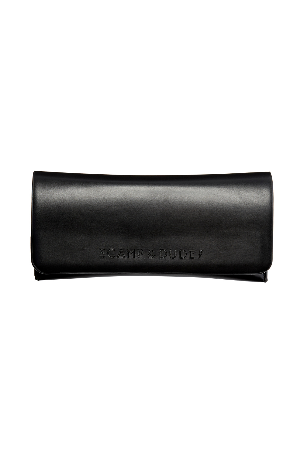 A black faux leather debossed sunglasses case