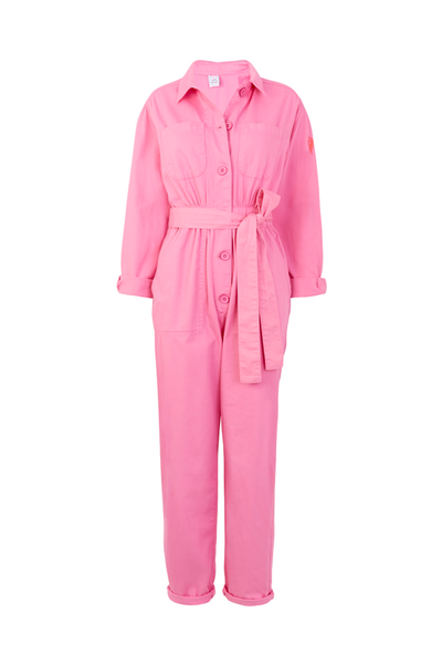 Scamp and Dude Pink Cotton Twill Jumpsuit | Product image of pink long sleeve jumpsuit on white background