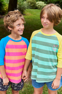 Scamp and Dude | Kids Khaki with Mint Lucky Stripe T-Shirt | Two blonde boys holding hands swearing striped colourful t-shirts